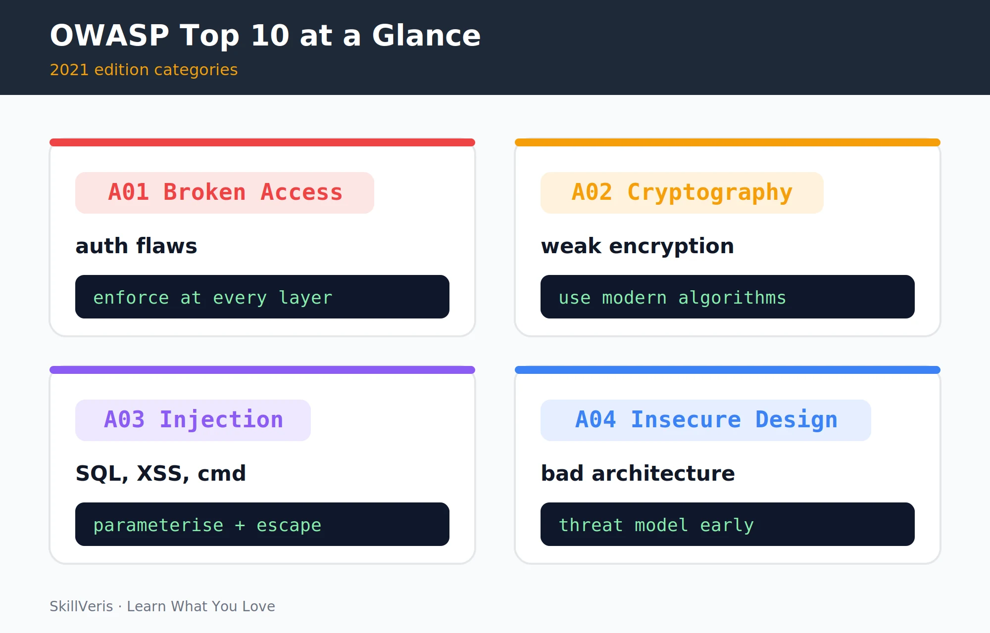 The first OWASP categories โ broken access, cryptography, injection, and insecure design โ cover the most critical web security risks.