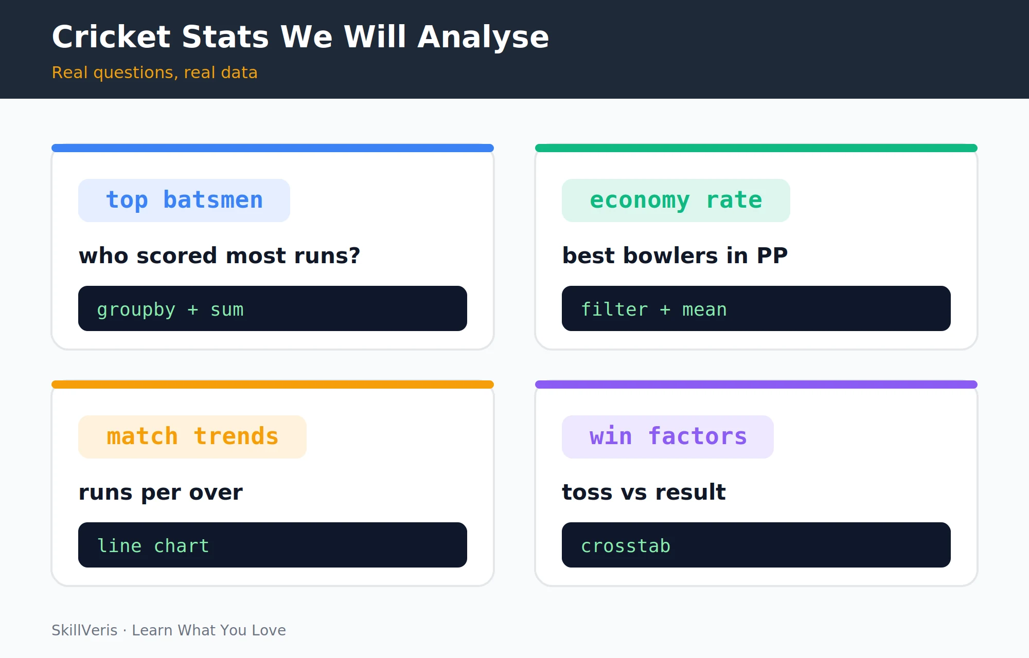 The four pandas operations that power all cricket analysis: read_csv, groupby, filter, and plot.